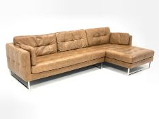 Dwell Furniture - corner sofa upholstered in buttoned tan brown leather on polished metal supports,