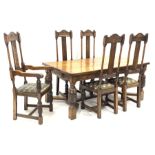 Early 20th century English oak dining table, rectangular top over scrolled foliage carved frieze, tu