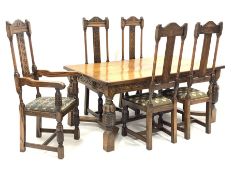 Early 20th century English oak dining table, rectangular top over scrolled foliage carved frieze, tu