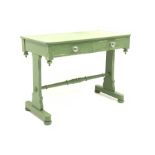 Victorian green painted pine side table fitted with two drawers with moulded glass handles, on shape