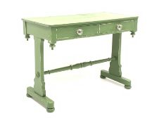 Victorian green painted pine side table fitted with two drawers with moulded glass handles, on shape