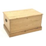 Victorian pine blanket box enclosed by hinged lid, single drawer to interior, plinth base, wrought i