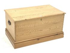 Victorian pine blanket box enclosed by hinged lid, single drawer to interior, plinth base, wrought i