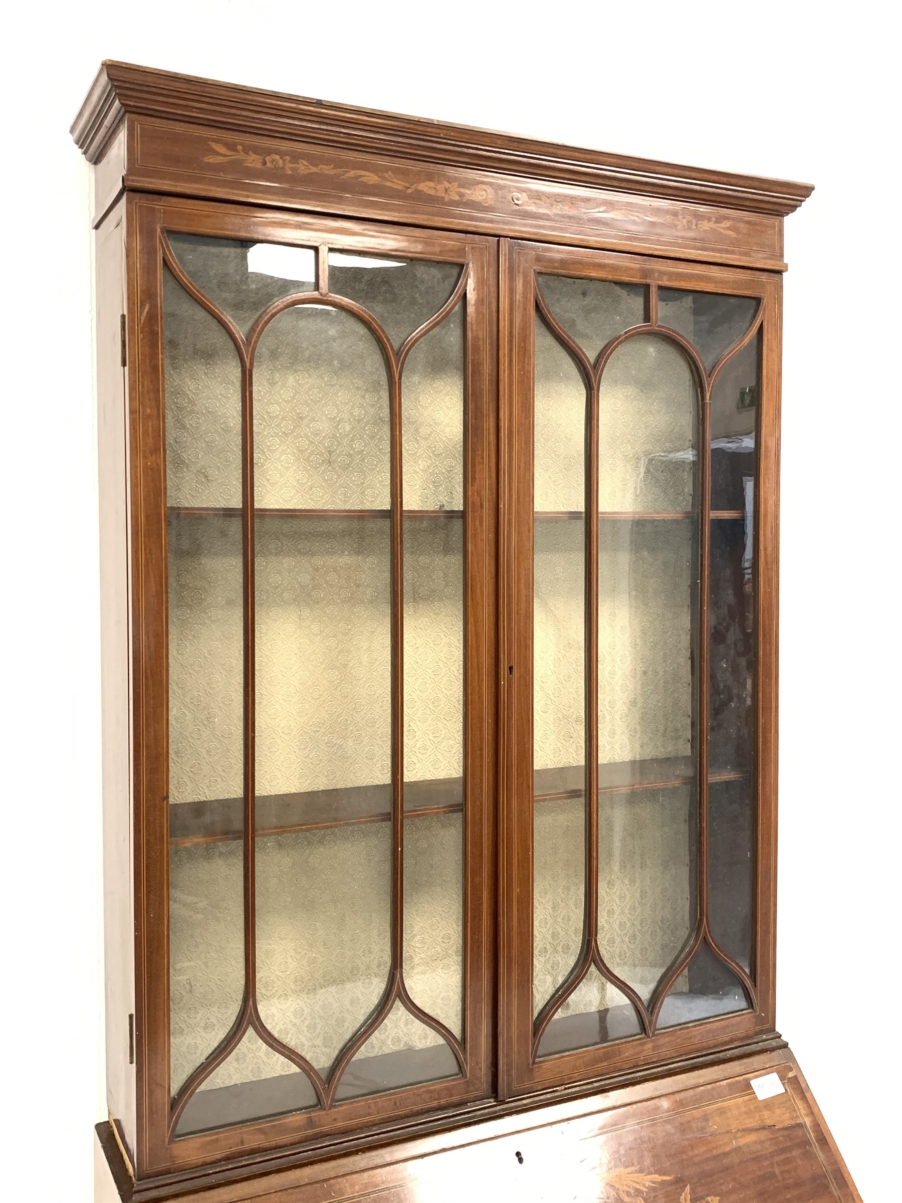 Edwardian mahogany bureau bookcase, the upper section enclosed by a pair of glazed tracery doors, wi - Image 4 of 5