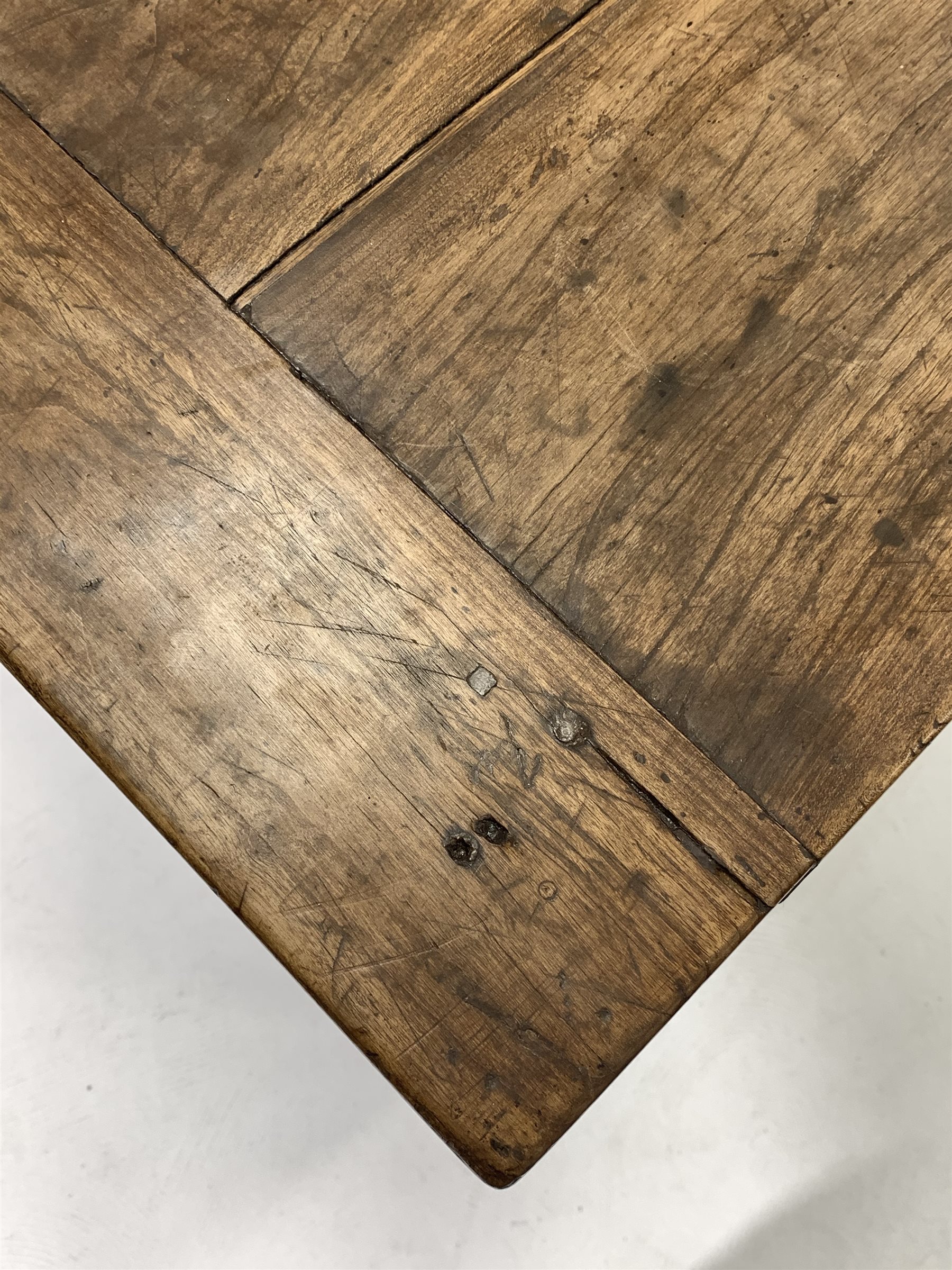 19th century French fruit wood kitchen table, plank top with bread boarded ends, straight supports c - Image 3 of 8