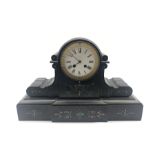 Large Victorian dome top black slate mantel clock, circular enamel Roman dial, engraved and gilt dec