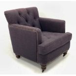 Armchair upholstered in buttoned fabric, turned feet with castors, W70cm, D86cm