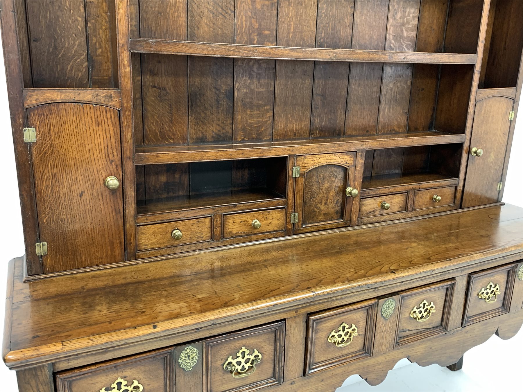 George III oak dresser, dentil cornice over open shelves and cupboards, three drawers under, raised - Image 2 of 8