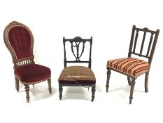 Victorian ebonised bedroom chair with pierced back carved with swags, upholstered seat, turned and f