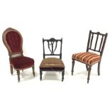 Victorian ebonised bedroom chair with pierced back carved with swags, upholstered seat, turned and f