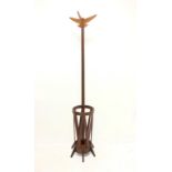 1960s teak floor standing coat stand with umbrella stand and tray, H188cm