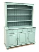 Turquoise blue painted wood kitchen dresser, three heights plate rack above three drawers and three
