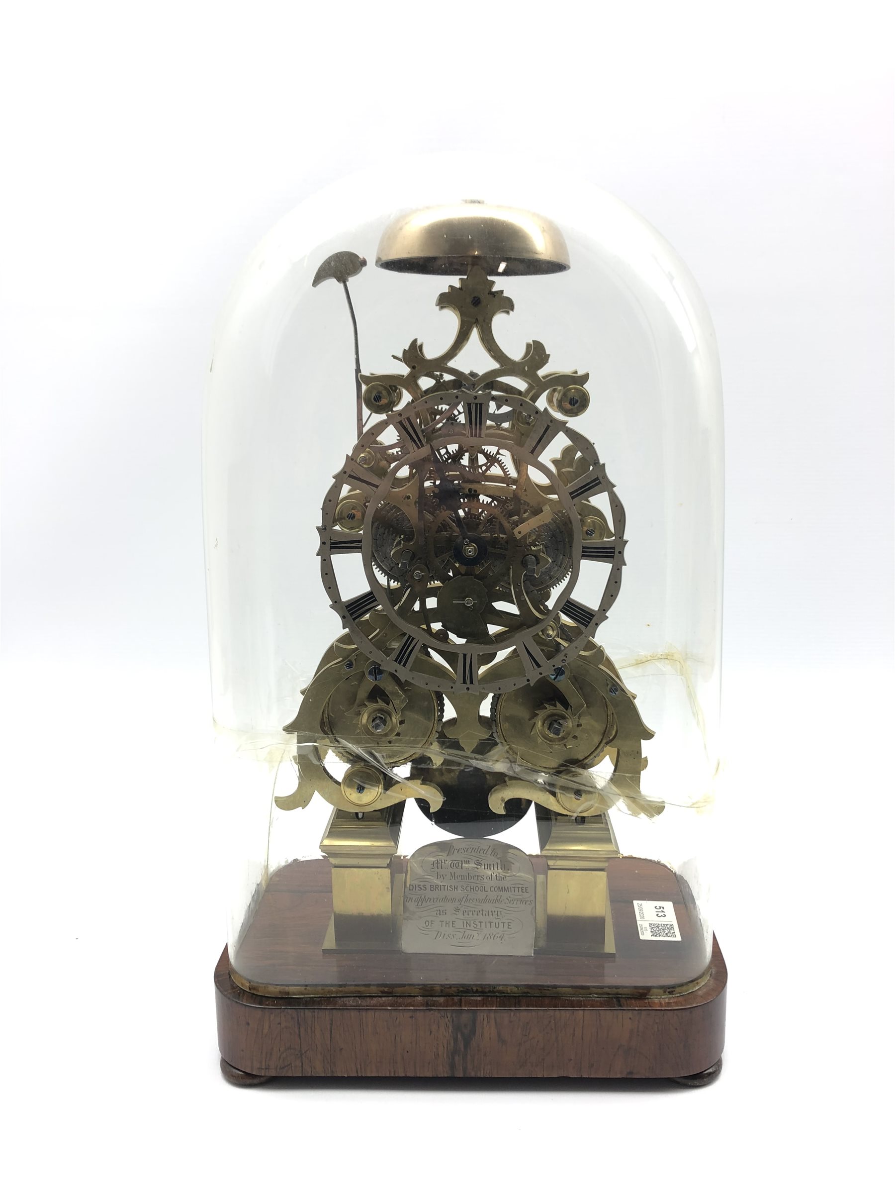 Victorian circa. 1864 brass skeleton clock, twin fusee movement striking on bell, pierced silvered R - Image 6 of 6