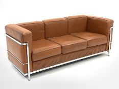 After Le Corbusier - Mid 20th century three seat sofa with chrome frame and brown leather upholstere