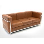 After Le Corbusier - Mid 20th century three seat sofa with chrome frame and brown leather upholstere