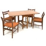 Set four 1970s teak framed dining chairs with upholstered seats and a teak drop leaf dining table, H
