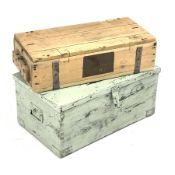 Painted pine and metal bound box (W67cm, H30cm, D41cm), and another pine box