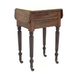George III mahogany Pembroke sewing table, rounded rectangular drop leaf top above two drawers, the