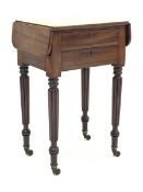 George III mahogany Pembroke sewing table, rounded rectangular drop leaf top above two drawers, the