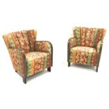 Pair mid to late 20th century continental beech framed shell back armchairs in the Art Deco style, u