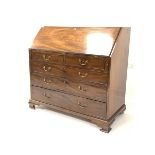 George III mahogany bureau, fall front revealing interior fitted with cupboard, cubbies drawers and