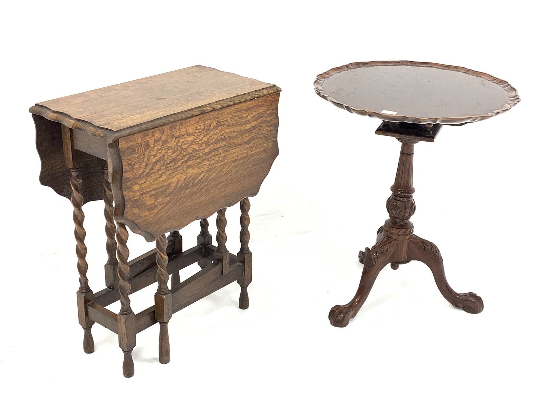 Georgian style mahogany tripod table with pie crust tilt top (D59cm, H70cm), and an early 20th centu