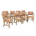 Early 20th century set eight armchairs, down swept arms, frames with incised decoration, upholstered