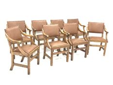 Early 20th century set eight armchairs, down swept arms, frames with incised decoration, upholstered