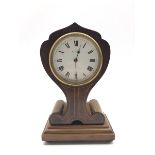Art Nouveau period inlaid mahogany mantel clock timepiece, circular white enamel Roman dial, single