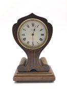 Art Nouveau period inlaid mahogany mantel clock timepiece, circular white enamel Roman dial, single