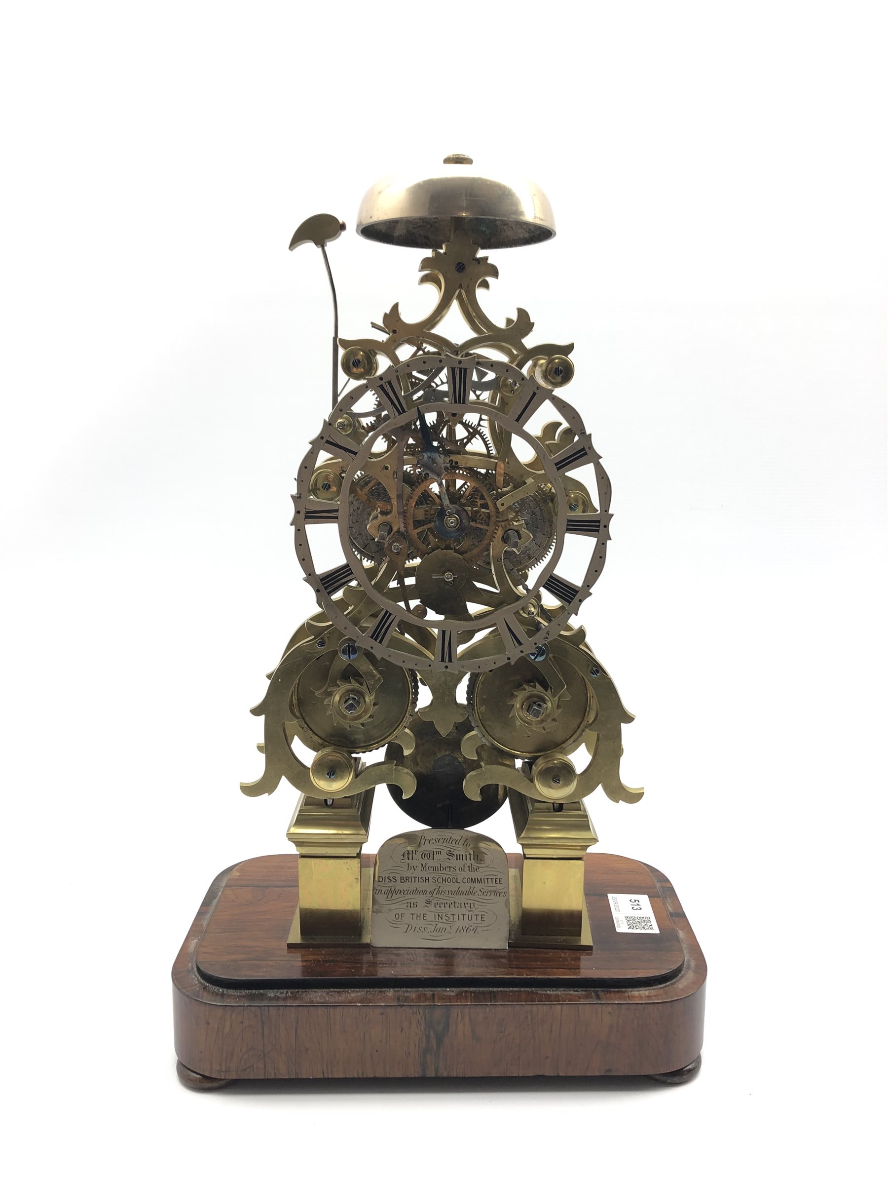 Victorian circa. 1864 brass skeleton clock, twin fusee movement striking on bell, pierced silvered R