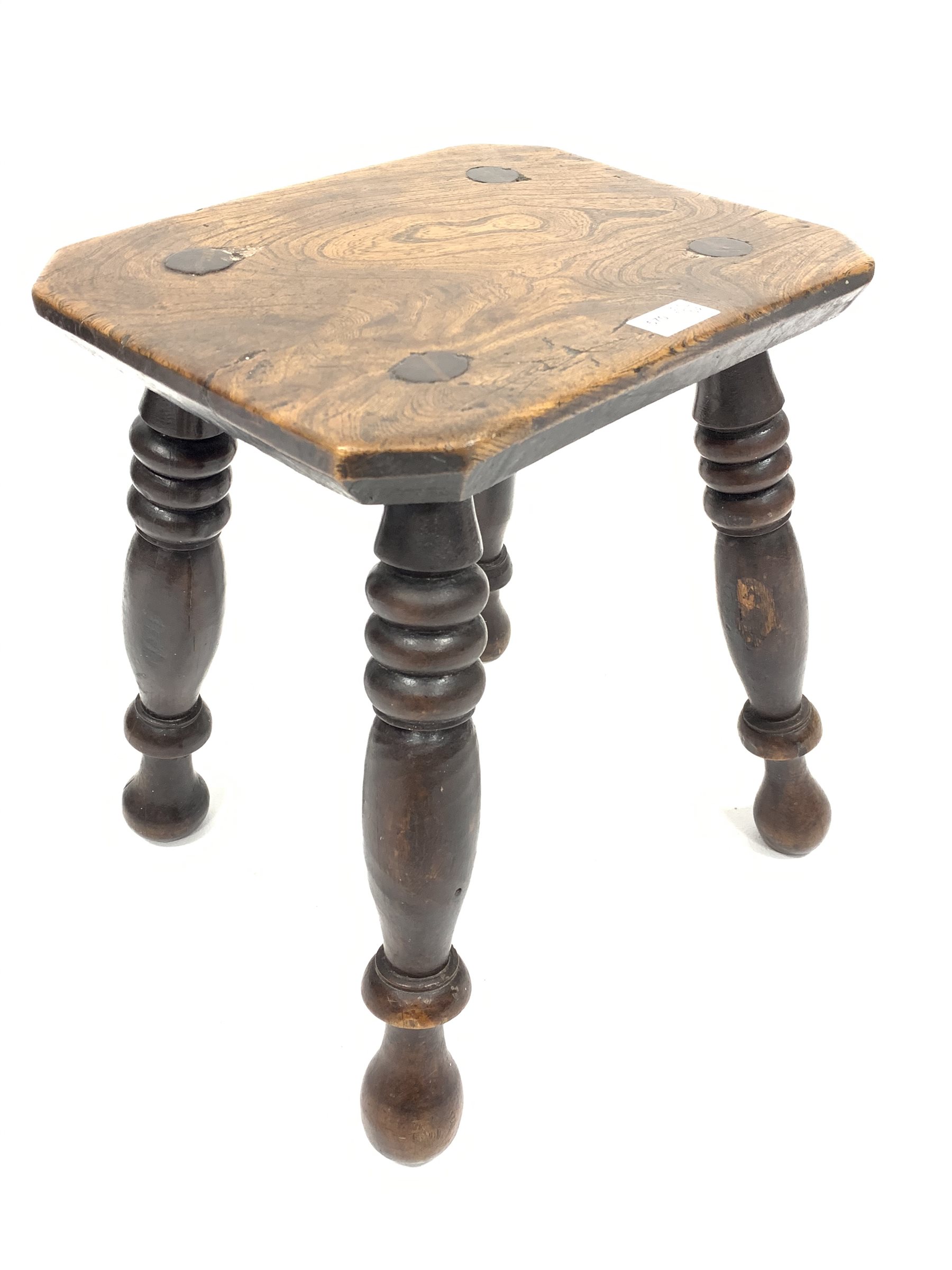 19th century elm top stool on four turned supports, 34cm x 27cm, H40cm - Image 3 of 3