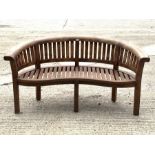 Teak garden bench, curved back and serpentine slatted seat, with seat cushion, W168cm