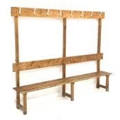 Vintage pine locker room coat rack with slatted bench, W221cm, H175cm, D35cm,