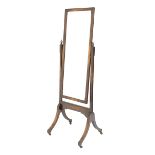 Early 20th century oak framed cheval mirror, rectangular bevelled mirror plate, out splayed supports