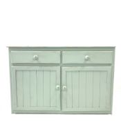 Solid painted pine dresser base with two drawer and two cupboards, W138cm, H92cm, D46cm