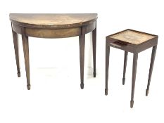 Sheraton period mahogany demi-lune fold over card table, double gate leg action base, square taperin