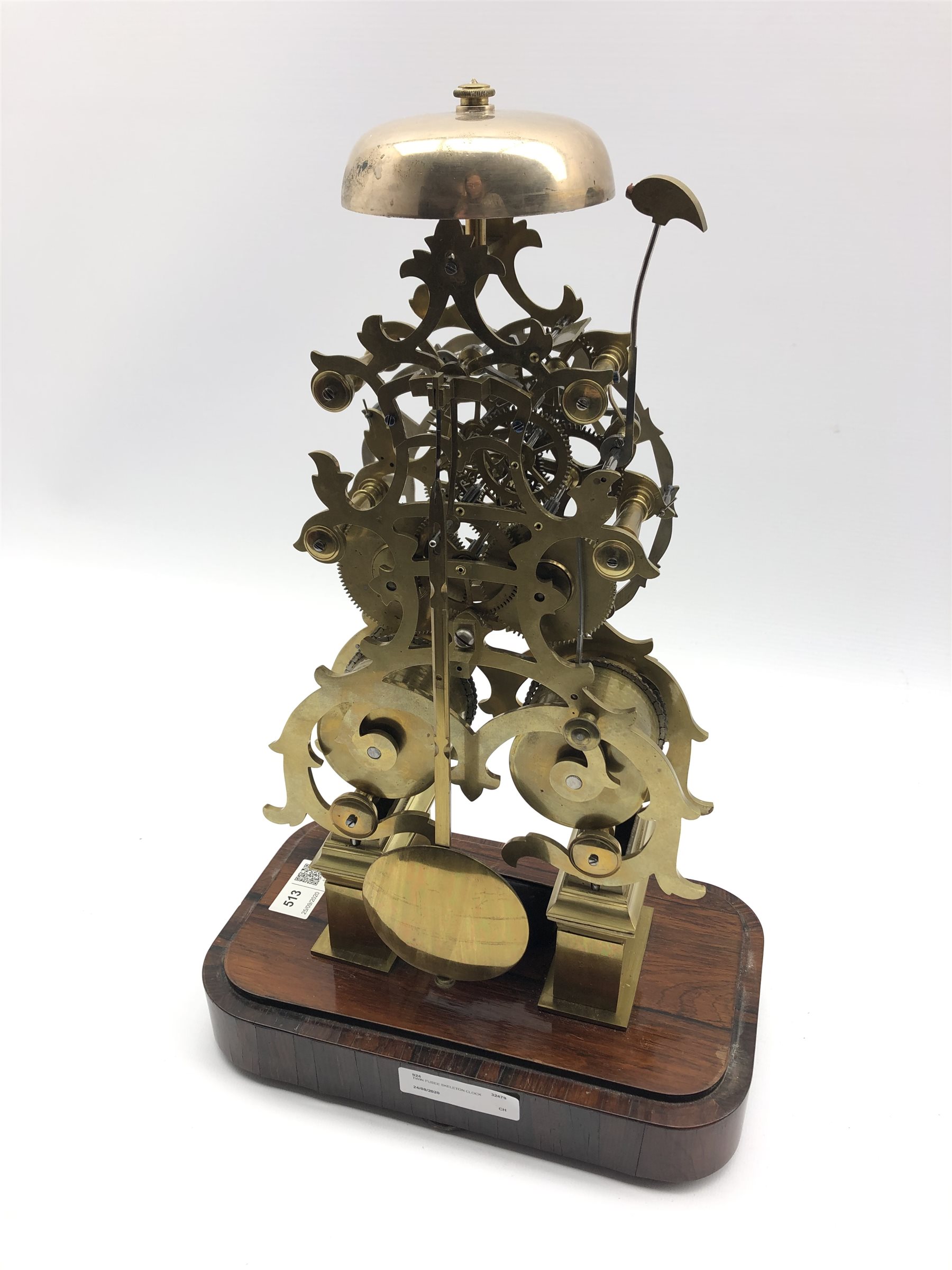 Victorian circa. 1864 brass skeleton clock, twin fusee movement striking on bell, pierced silvered R - Image 4 of 6