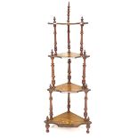 Victorian walnut corner whatnot, four graduating tiers inlaid with scrolls, twist turned supports, W