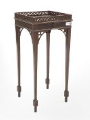 Small 20th century mahogany square urn stand with pull out slide, pierced gallery top and corner bra