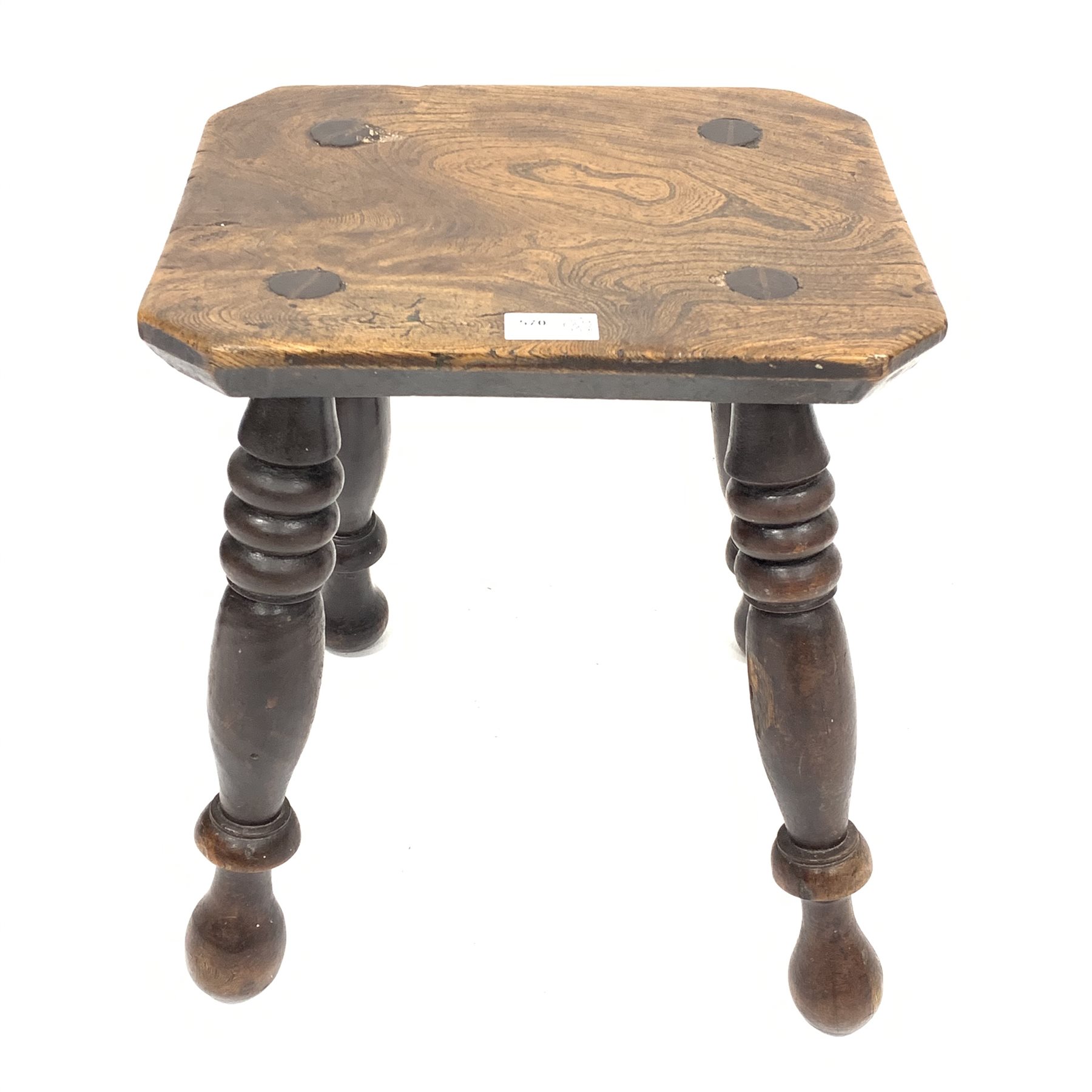 19th century elm top stool on four turned supports, 34cm x 27cm, H40cm