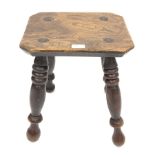 19th century elm top stool on four turned supports, 34cm x 27cm, H40cm