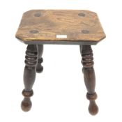 19th century elm top stool on four turned supports, 34cm x 27cm, H40cm