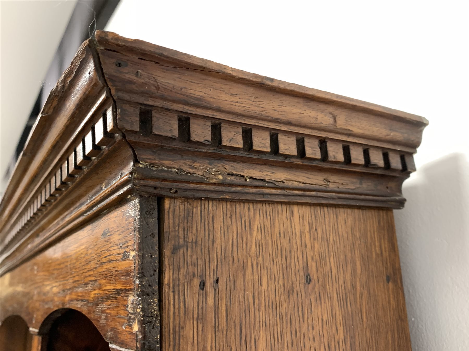 George III oak dresser, dentil cornice over open shelves and cupboards, three drawers under, raised - Image 6 of 8