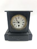 Victorian black slate clock, circular white enamel Roman dial, engraved and gilt decoration, single