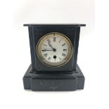 Victorian black slate clock, circular white enamel Roman dial, engraved and gilt decoration, single