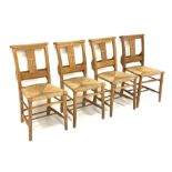 Set four 20th century beech framed chapel chairs with rush seats