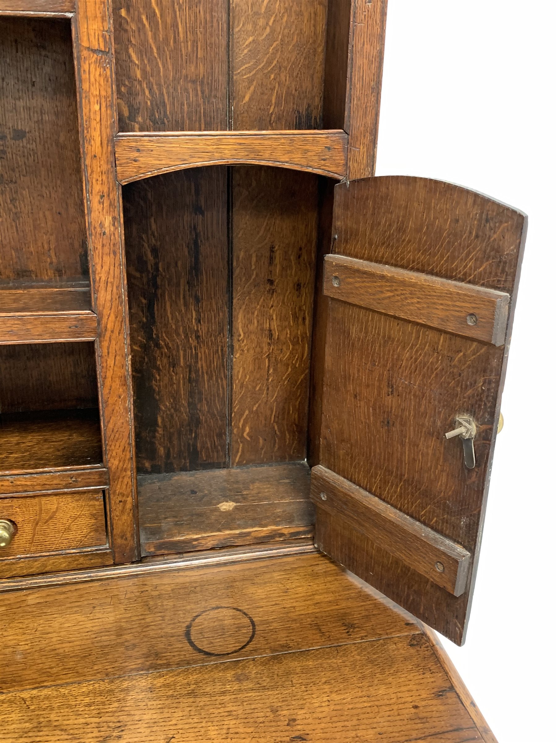 George III oak dresser, dentil cornice over open shelves and cupboards, three drawers under, raised - Image 8 of 8