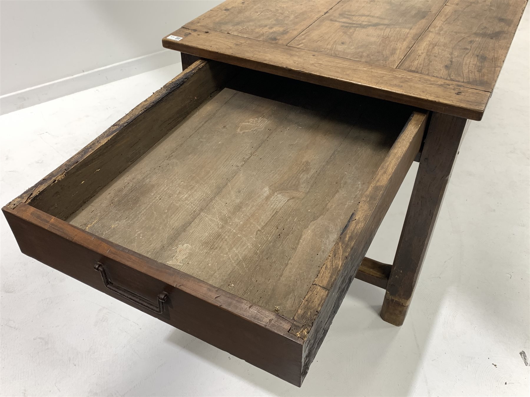 19th century French fruit wood kitchen table, plank top with bread boarded ends, straight supports c - Image 7 of 8