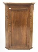 19th century tall oak corner cupboard, single panelled door enclosing three shaped shelves, W82cm, H
